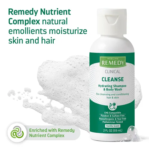 Vista 4 de Medline Remedy Champú hidratante clínico y gel de baño (2 onzas líquidas), aroma a vainilla, limpiador, sin enjuague, adultos, niños, ducha o mesita
