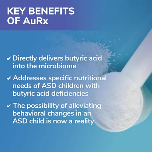 Vista 4 de AuRx Autism Spectrum Medical Food Powder para apoyar la salud intestinal, suplemento de ácido butírico estabilizado en un polvo sabroso para niños