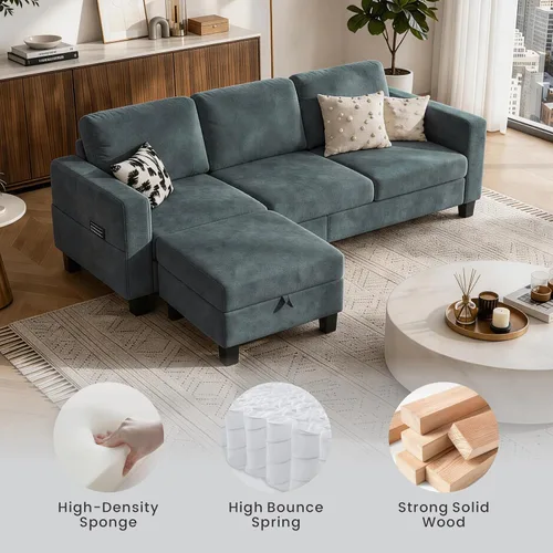 Vista 3 de Sofá modular de 78 pulgadas para sala de estar, sofá azul en forma de L con otomana de almacenamiento, asiento profundo, juego de sofá de tela