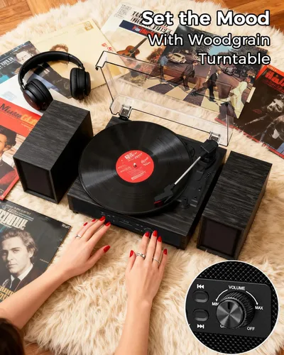 Vista 7 de Reproductor de discos de vinilo con 4+2 altavoces estéreo externos Bluetooth, tocadiscos de 3 velocidades con correa para discos de vinilo, dos
