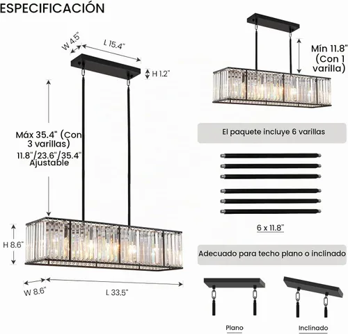 Vista 7 de Siljoy Candelabro rectangular moderno de cristal, 5 luces, color negro, rectangular, con forma de gota de lluvia, lámpara de techo colgante lineal