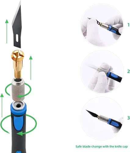 Vista 3 de FOSHIO Juego de 2 cuchillos de precisión para manualidades con 20 cuchillas de repuesto, mango ergonómico antideslizante con cubierta protectora