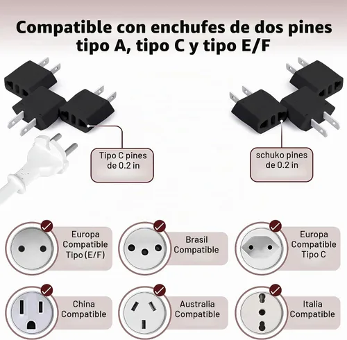 Vista 5 de Bates - Adaptador de enchufe europeo a estadounidense, paquete de 3 unidades, color negro