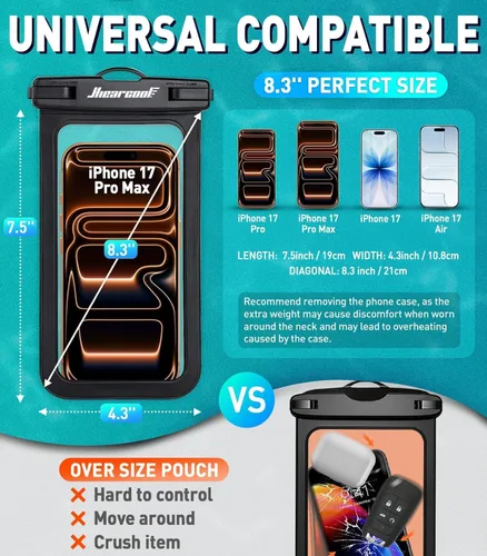 Vista 2 de Hiearcool - Funda impermeable IPX8, universal y compatible con celular iPhone 12, Pro 11, Pro Max, XS, Max, XR, X, 8, 7, Samsung Galaxy S10, S9