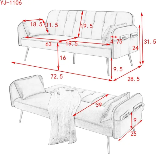 Vista 2 de Sofá cama convertible de 72.5 pulgadas, moderno sofá futón ajustable tapizado, sofá cama plegable de terciopelo con dos almohadas para un espacio
