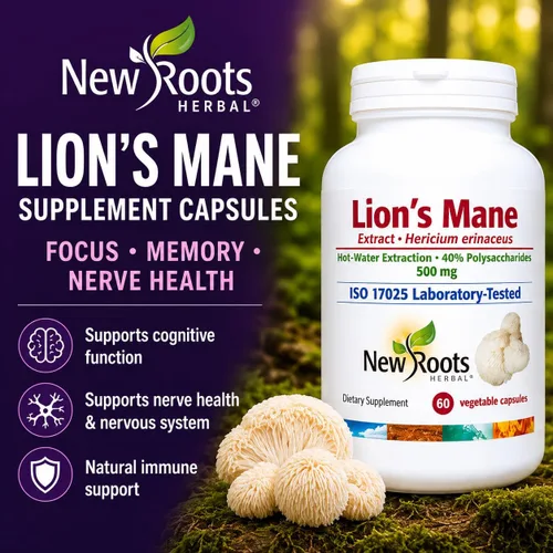 Vista 2 de NEW ROOTS HERBAL Cápsulas de suplemento de melena de león (60 cápsulas) 500 mg en polvo de hongo de melena de león altamente concentrado