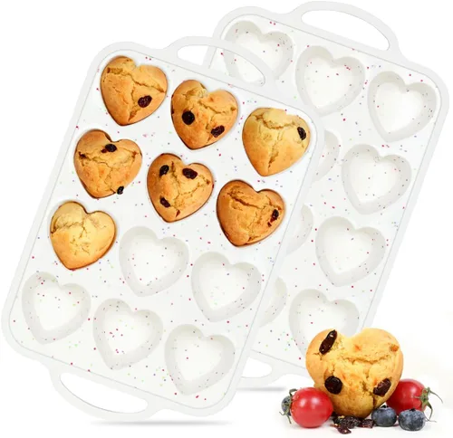 Vista 9 de CAKETIME Molde para magdalenas con forma de corazón con marco metálico, moldes de silicona antiadherentes en forma de corazón para hornear muffins