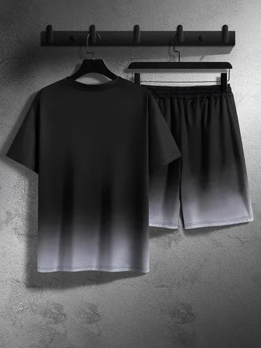 Vista 2 de OYOANGLE Conjunto de 2 piezas de camiseta de manga corta para hombre grande y alto y pantalones cortos con cordón en la cintura con bolsillo