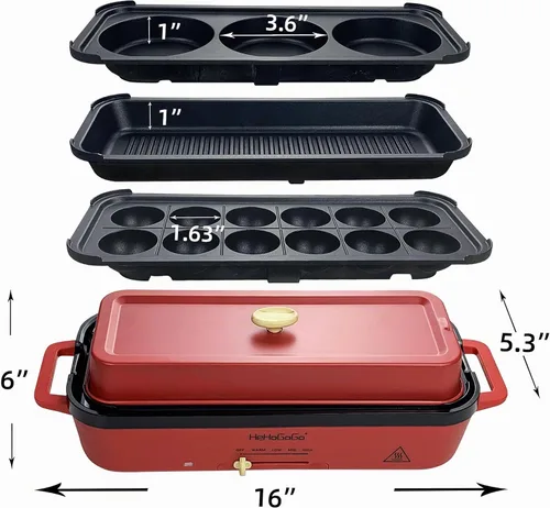 Vista 4 de Plancha eléctrica multifuncional con parrilla eléctrica antiadherente para hornear con 3 sartenes intercambiables para takoyaki, cake pop/ mini