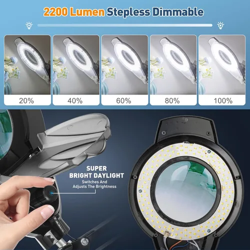 Vista 8 de KIRKAS Lámpara de pie con aumento de 2,200 lúmenes para esteticista, lente de cristal real de 12 aumentos con base rodante de 5 ruedas, soporte