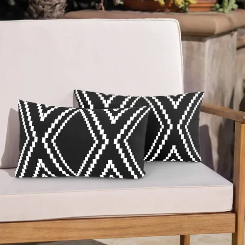 Vista 10 de Juego de 2 fundas de almohada para exteriores, impermeables, geométricas bohemias en blanco y negro para muebles de patio, fundas de almohada