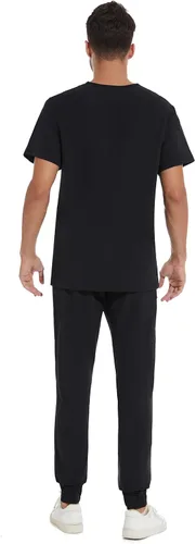 Vista 2 de COZYFIT Conjunto de ropa quirúrgica para hombre camiseta elástica con cuello en V y pantalón deportivo con 8 bolsillos, cintura de yoga, ropa