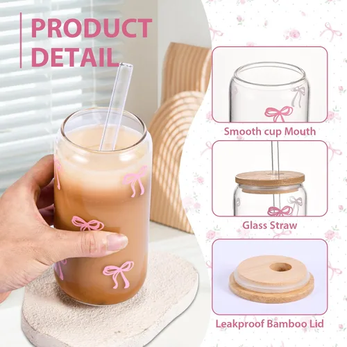 Vista 2 de Tazas de vidrio lindas con moño rosa y tapas y popotes, taza estética de café helado, taza de diseño preppy femenino, regalos de cumpleaños y San