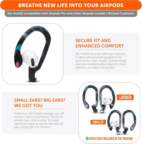Vista 4 de WC HookZ - Ganchos sobre la oreja patentados y mejorados para AirPods Pro 1, 2 y AirPods 1, 2 y 3 - Incluye dos pares de tamaños en el paquete