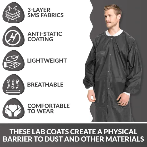 Vista 39 de Paquete de 10 chaquetas desechables de laboratorio, chaqueta médica reutilizable hasta la cadera, unisex, con puños de punto y bolsillos