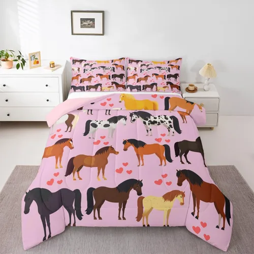 Vista 22 de Juego de edredón de vaquero individual, ropa de cama occidental para niños y hombres, ilustración dibujada a mano de caballo americano salvaje