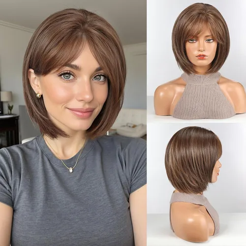 Vista 15 de HAIRCUBE Pelucas estilo Bob hasta el hombro para mujer con raya lateral