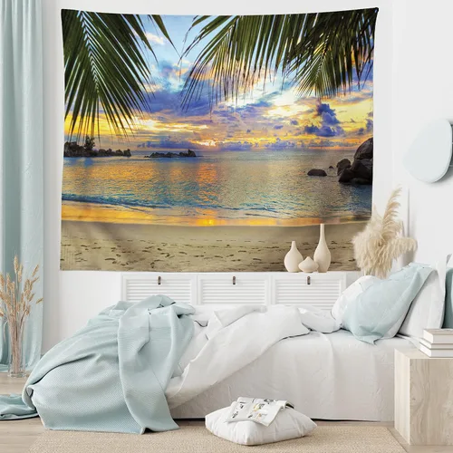 Vista 5 de Lunarable Tapiz costero, puesta de sol en la playa, palmeras del océano retumbante, imagen de lugares de viaje, decoración de tela para colgar
