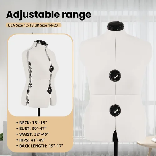 Vista 2 de Maniquí de forma de vestido ajustable beige para costura talla femenina 12-18, cuerpo de modelo con alfileres con 13 diales, ruedas desmontables