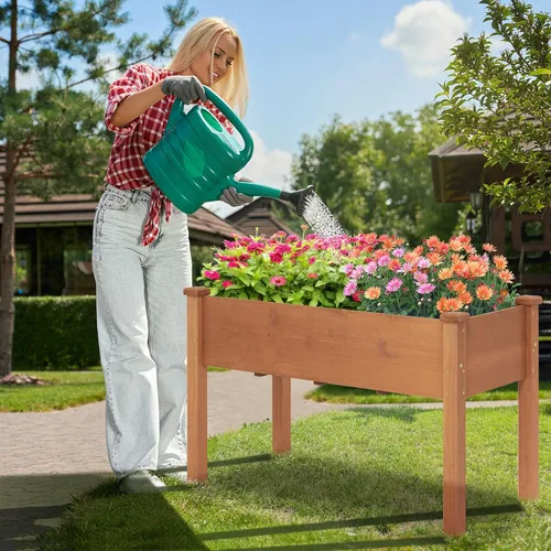 Vista 9 de Giantex Cama de jardín elevada, maceta elevada de madera con forro protector y orificio de drenaje, maceta elevada para plantar verduras, flores