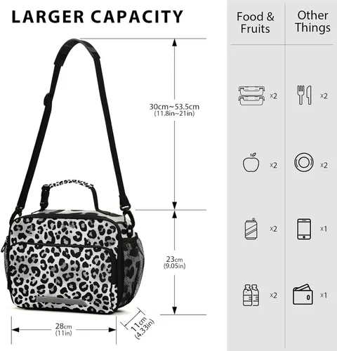 Vista 3 de Kcldeci Bolsa de almuerzo de colores grises con estampado de leopardo animal, bolsas de almuerzo aisladas, caja de almuerzo reutilizable, bolsa