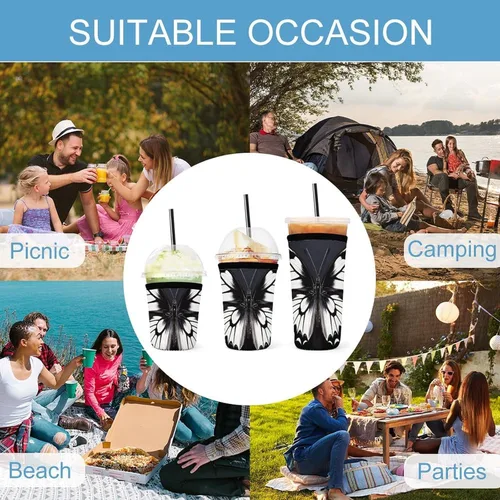 Vista 8 de Black White Butterfly Reusable Insulated Neoprene Iced Coffee Cup Sleeves 3 Sizes Diving Material Cup Durable Beverage Covers for Cold Coffee Tea