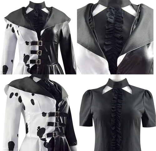 Vista 6 de Cruella Cosplay abrigo vestido mujer dálmata chaqueta pantalón falda traje malvado diablo Halloween traje negro blanco traje niña
