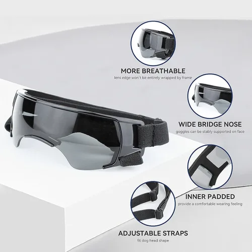 Vista 3 de Gafas de sol para perros pequeños con correas ajustables, lentes de sol anti-UV para perros, resistentes al viento, protección ocular para razas