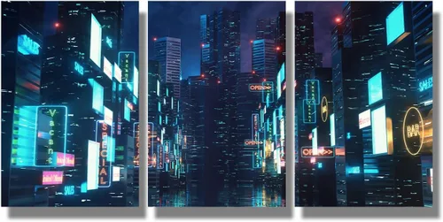 Vista 83 de Lienzo decorativo para pared, diseño de ciudad futurista Cyberpunk para sala de estar, impresión multipanel, obra de arte de cocina, pintura