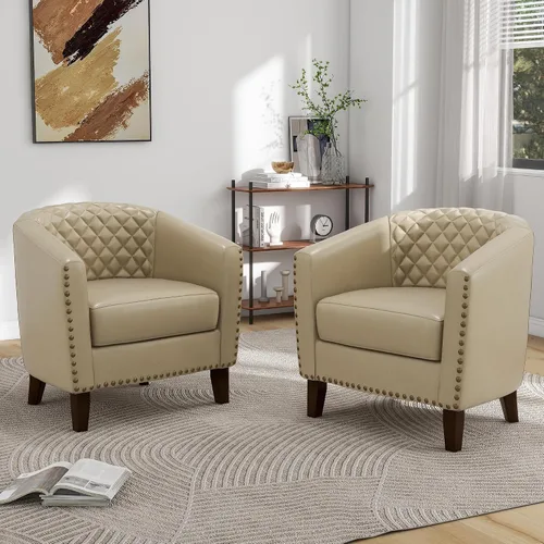 Vista 7 de Pia Ricco Silla de Acento Tipo Barril de Cuero Sintético, Silla de Club Moderna con Brazos, Cómoda Silla Individual Tapizada con Patas de Madera