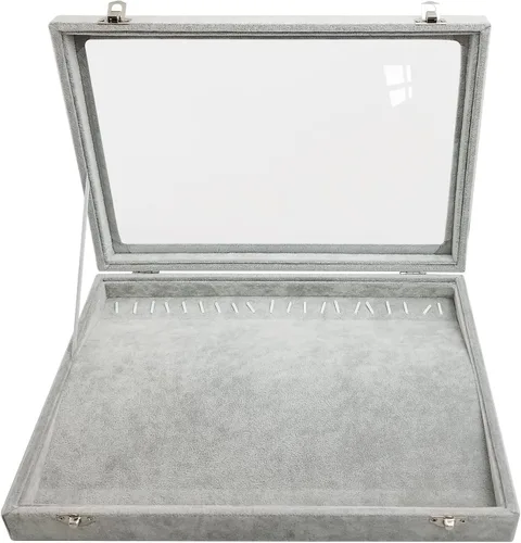 Vista 2 de Caja organizadora de collares de terciopelo para mujer, 20 ganchos para almacenamiento de collares con tapa transparente (gris)