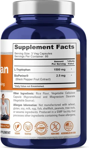 Vista 2 de NusaPure Cápsulas de L-triptófano, 1500 mg, 200 cápsulas vegetales (sin OMG, veganas)