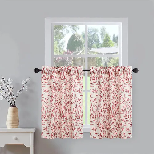 Vista 30 de VOGOL Cortinas con estampado de pájaros campestres, 30 x 24 pulgadas, 2 paneles, beige Linen Look Texture, Decorative Small Window Treatment