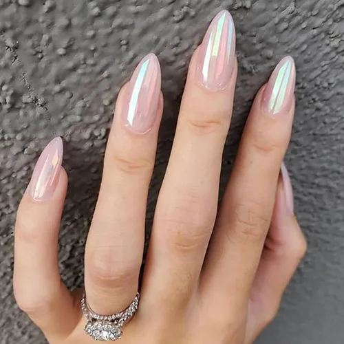 Vista 18 de Uñas postizas cortas de almendra a presión con punta francesa morada, uñas falsas ovaladas con diseños de ondas y diamantes de imitación, uñas