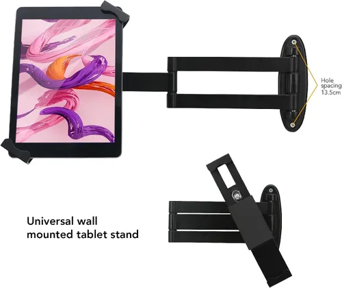 Vista 2 de Soporte de pared para tableta, brazo giratorio ajustable, cerradura de seguridad antirrobo y llave, plegable, rotación 360°, negro