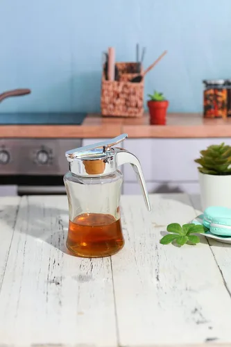 Vista 8 de J&M Design Botella dispensadora de jarabe de vidrio para jarabe de arce, tarro dispensador de azúcar con asa para panqueques, café, cuenco