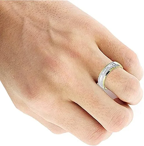 Vista 4 de Juego de anillos de compromiso de diamantes de corte redondo DVVS1 para él y para ella, plata de ley 925 chapada en oro de dos tonos de 14 quilates