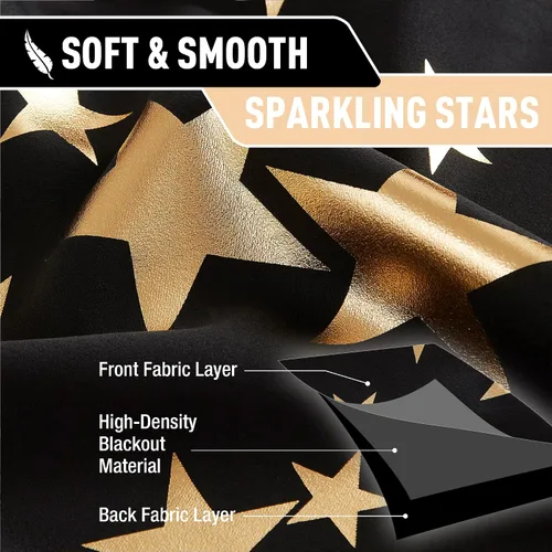 Vista 5 de Treatmentex Cortinas Blackout Completas Gold Star Negras para Dormitorio de Niños Varones, Paneles de Ventana con Acabado Metálico para Cuarto