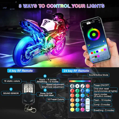 Vista 3 de 8 kits de luces LED RGB segmentadas para motocicleta con control remoto APP/RF, luces subterráneas multicolor con señal de giro de freno, tira