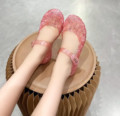 Vista 4 de Zapatos de gelatina para niñas, sandalias de cumpleaños de princesa Snow Queen para niñas pequeñas, sandalias azules con purpurina talla 9