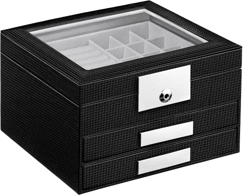 Vista 2 de Oyydecor Joyero con tapa de cristal organizador de joyas de piel sintética de 3 niveles con 2 cajones estuche de joyería portátil grande