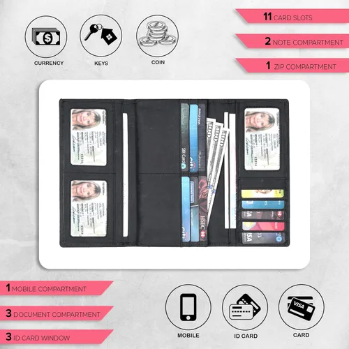 Vista 4 de Cartera de cuero real para mujer con bloqueo RFID, diseño triple tarjetero para damas con ventana de identificación