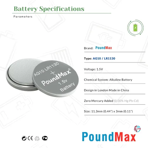 Vista 6 de PoundMax AG10 LR1130 Baterías 1.5 Batería de Botón Alcalino Paquete Combo - 10