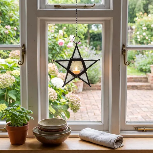 Vista 4 de Juego de 2 Faroles portavelas decorativos con forma de estrella, transparente