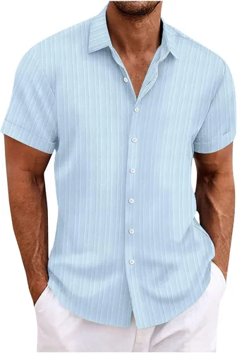 Vista 12 de Ctreela Camisa cubana de lino de manga corta para hombre, ligera, con botones, guayabera, camisas de trabajo casuales con cuello vuelto