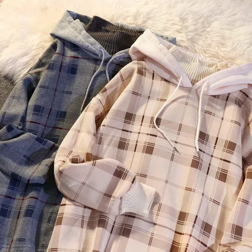 Vista 4 de Skateboard Frog Ropa de otoño e invierno para mujer, sudaderas con capucha a cuadros falsas de dos piezas, cuello de tortuga de vellón, suéter
