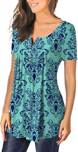 Vista 2 de Blusa casual con cuello en V tipo Henley para mujeres, camisa con botones, acampanada y holgada