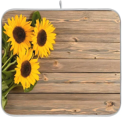 Vista 8 de Tapete de secado de platos, girasoles en madera, tapete de secado reversible absorbente de flores, tapete de secado de platos, tapete para secar