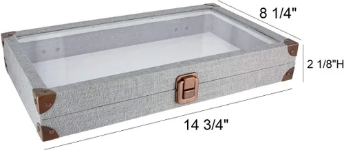 Vista 3 de 888 Display USA - Joyero cubierto de lino gris con tapa de vidrio y pestillo