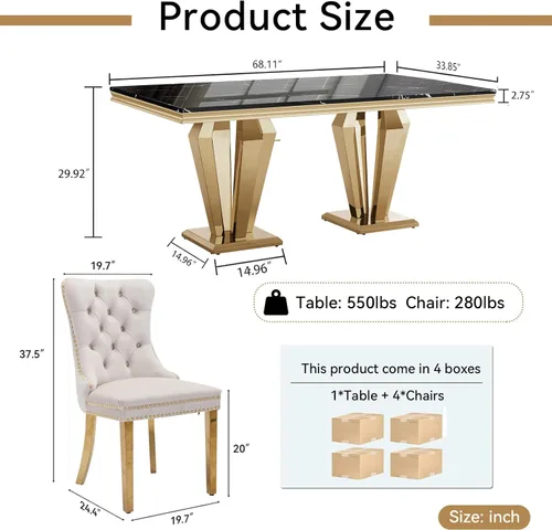 Vista 8 de HomVent - Juego de mesa de comedor de mármol sintético de 68 pulgadas con 4 sillas de terciopelo para cocina Modern Rectangular Faux Marble